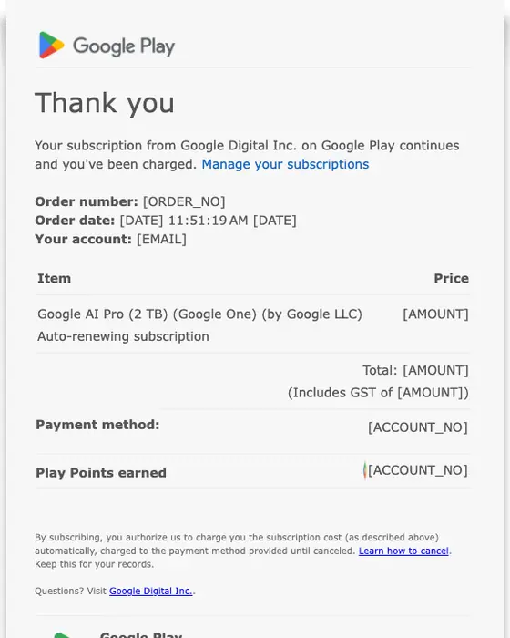 Google Play receipt email