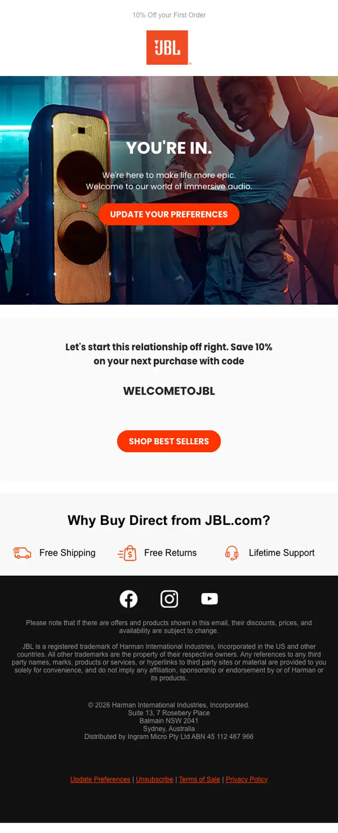 JBL welcome email, full length