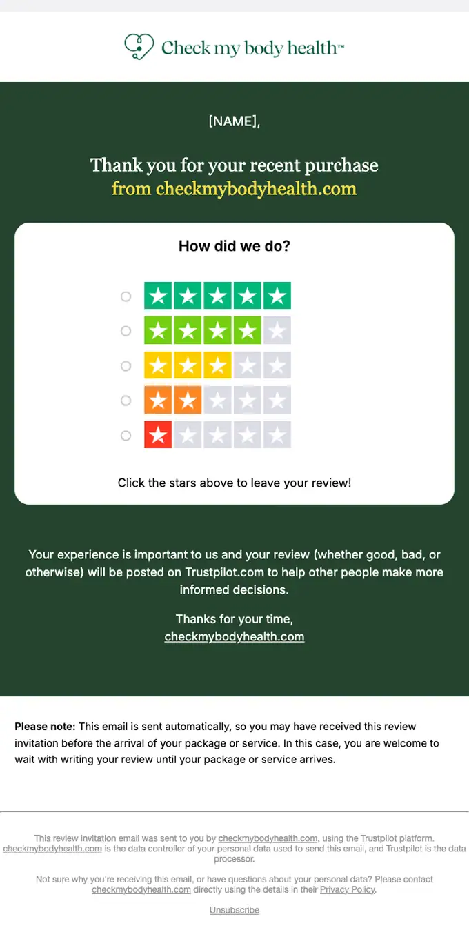 Check My Body Health survey email, full length