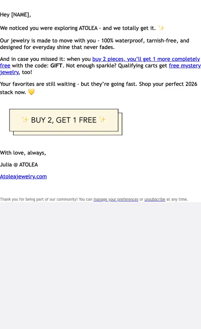 Atolea Jewelry abandoned cart email, full length