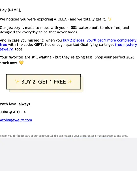 Atolea Jewelry abandoned cart email