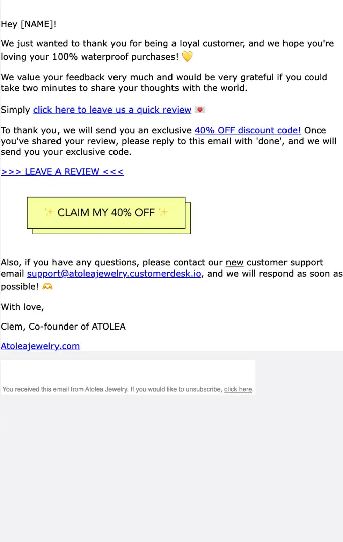Atolea Jewelry thank you email, full length