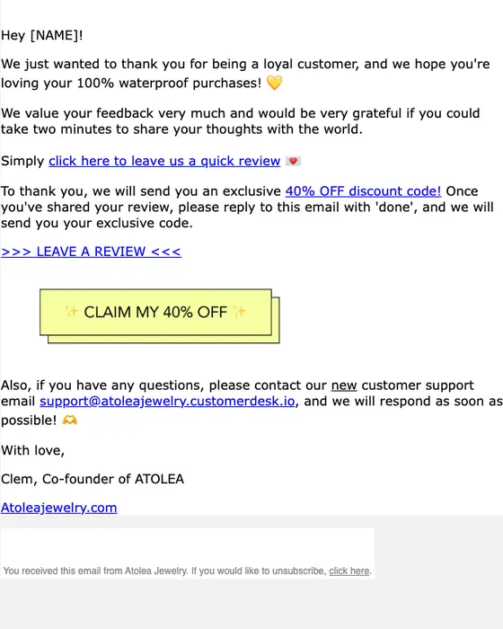 Atolea Jewelry thank-you email: Thanks for your order, [NAME]! Here's a special surprise...