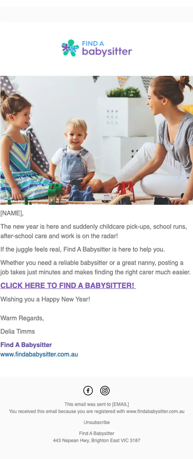 Find A Babysitter promotional email, full length