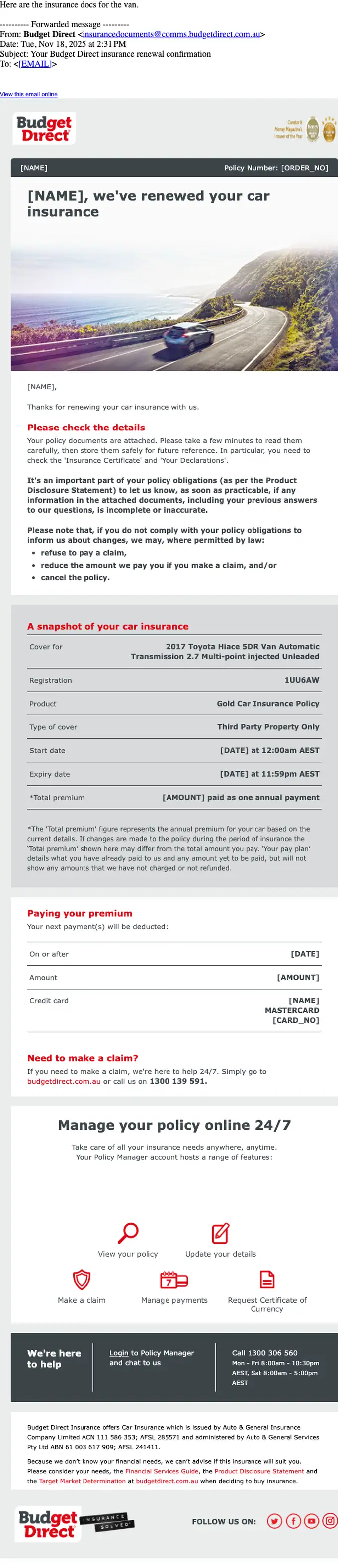 Budget Direct subscription email, full length