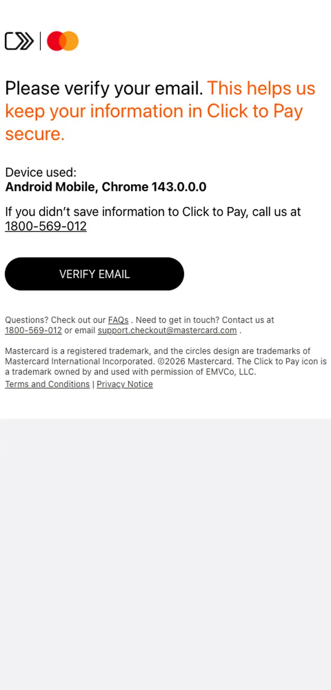 Mastercard Click to Pay email verification email, full length