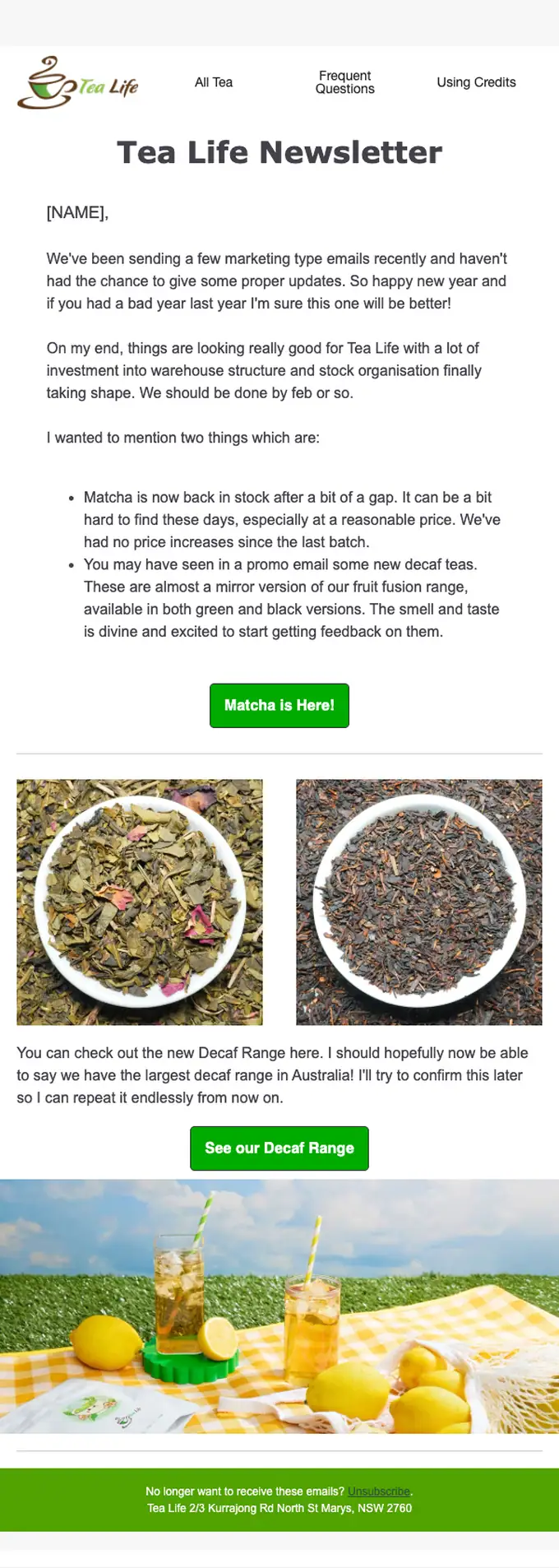 Tea Life back in stock email, full length