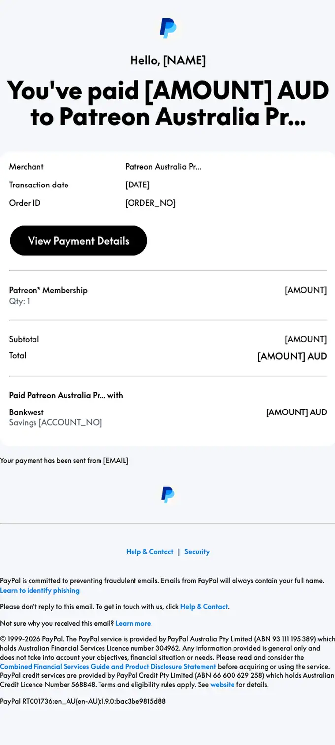 PayPal receipt email, full length
