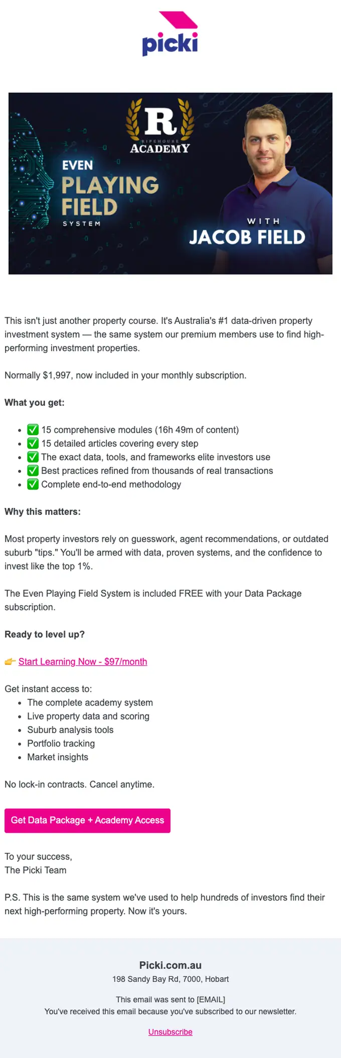Picki.com.au promotional email, full length
