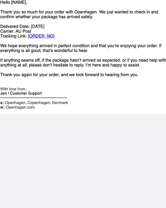 Openhagen delivery email: Openhagen Order [REF] Delivery Check