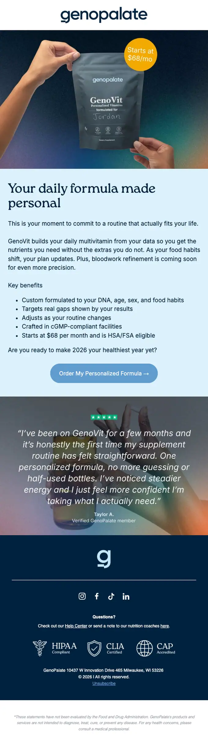 GenoPalate promotional email, full length