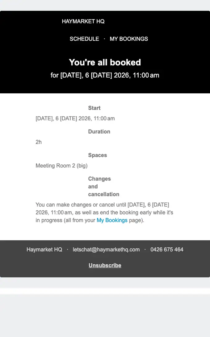 Haymarket HQ booking confirmation email, full length