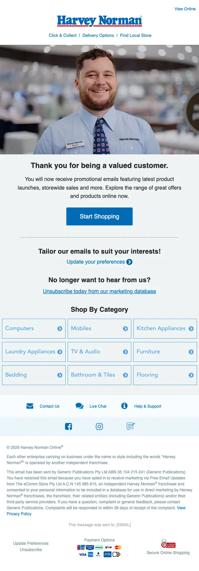 Harvey Norman thank you email, full length