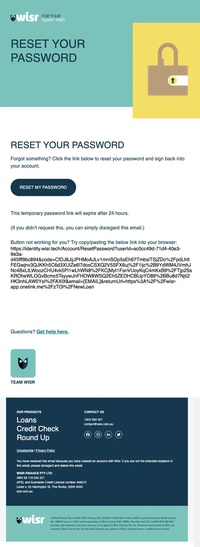 Wisr password reset email, full length