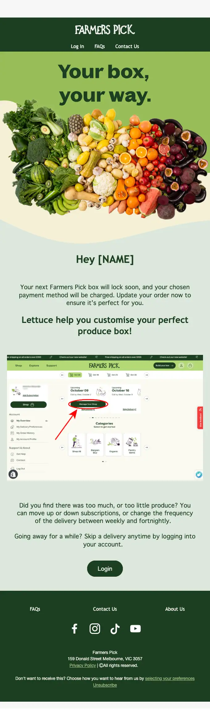 Farmers Pick account notice email, full length
