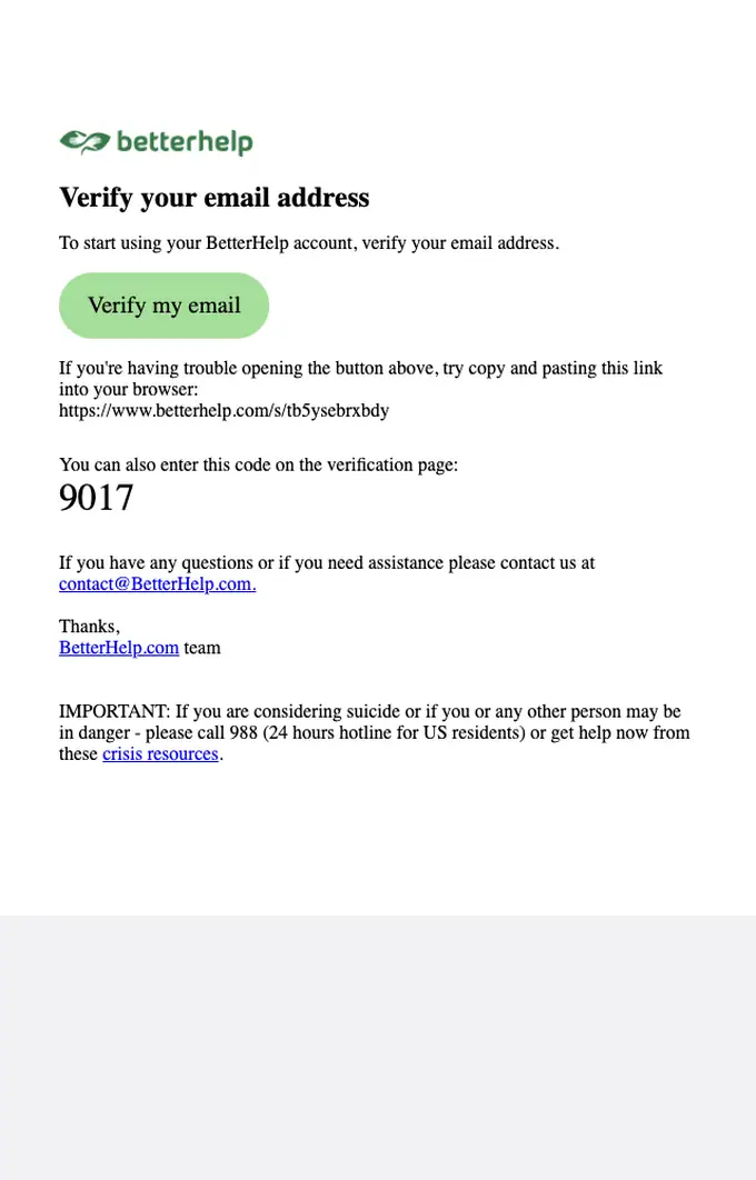 BetterHelp.com email verification email, full length