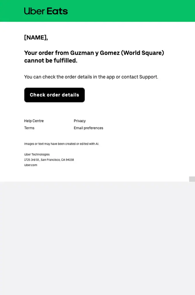 Uber Eats cancellation email, full length