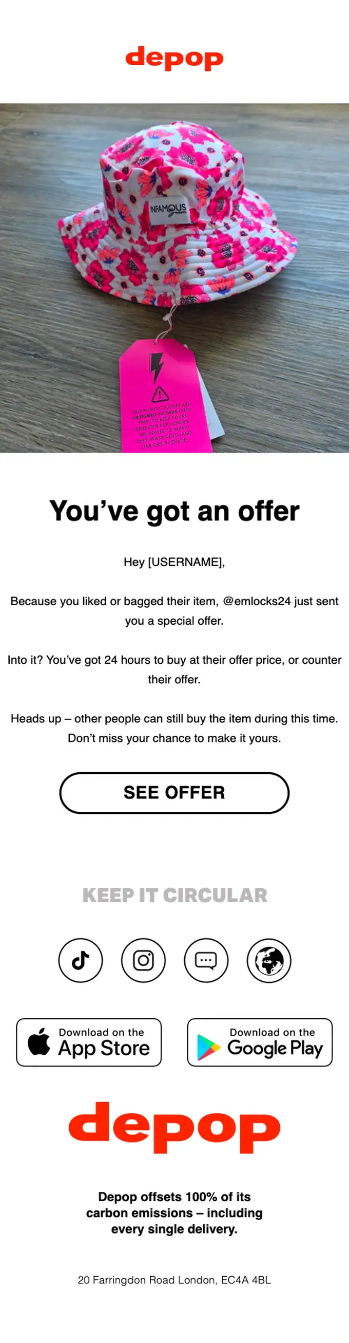 Depop discount offer email, full length