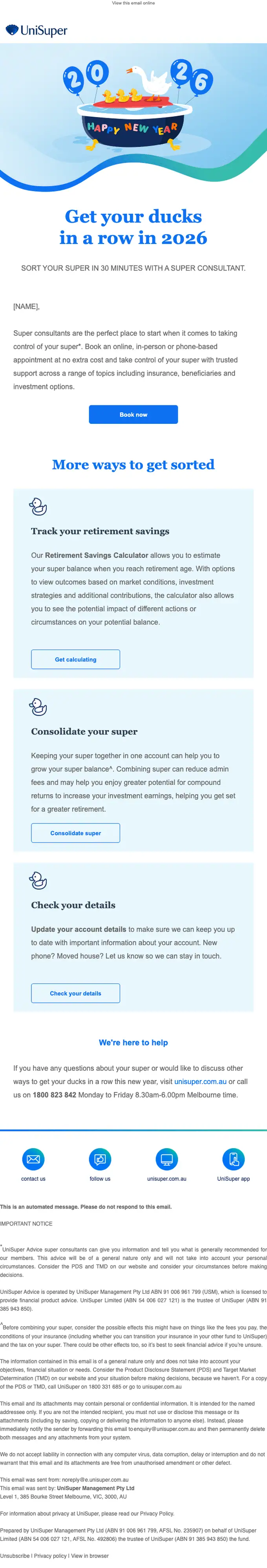 UniSuper promotional email, full length