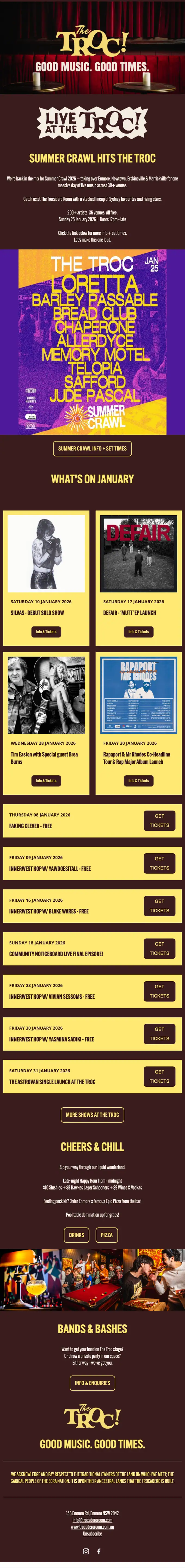 The Trocadero Room newsletter email, full length
