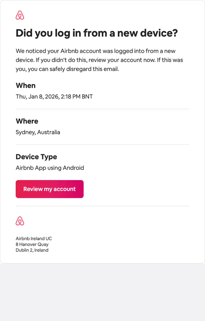 Airbnb security alert email, full length