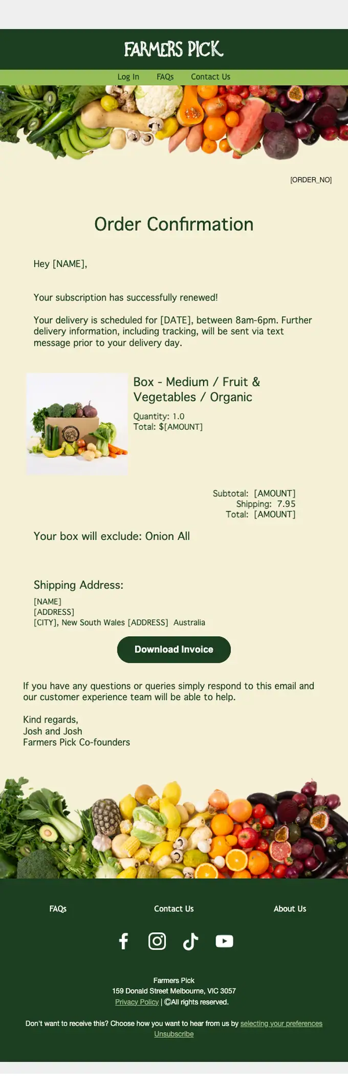 Farmers Pick order confirmation email, full length