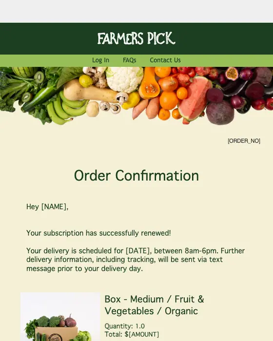 Farmers Pick order confirmation email