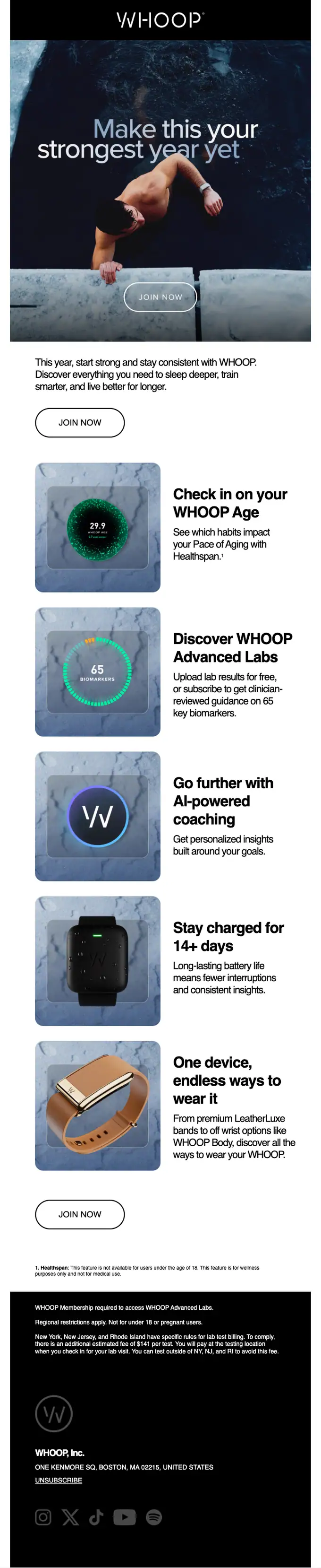 WHOOP promotional email, full length