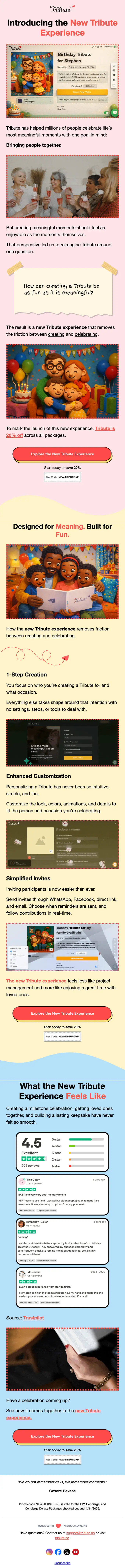 Tribute product launch email, full length