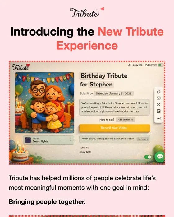 Tribute product launch email