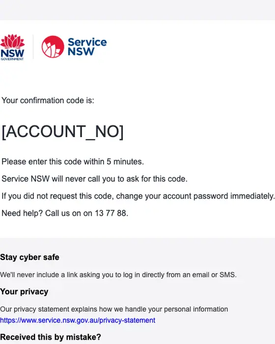 Service NSW email verification email