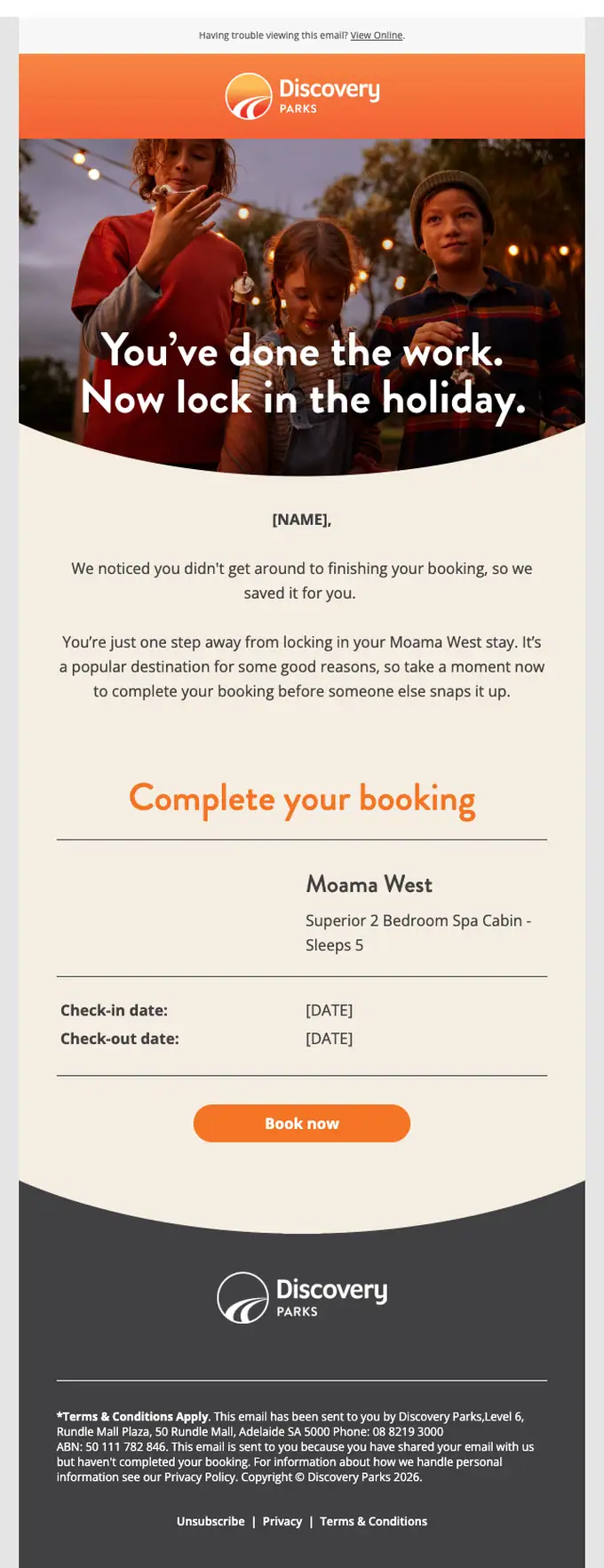 Discovery Parks & Resorts abandoned cart email, full length