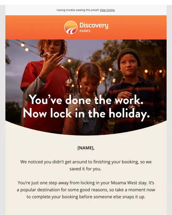 Discovery Parks & Resorts abandoned cart email