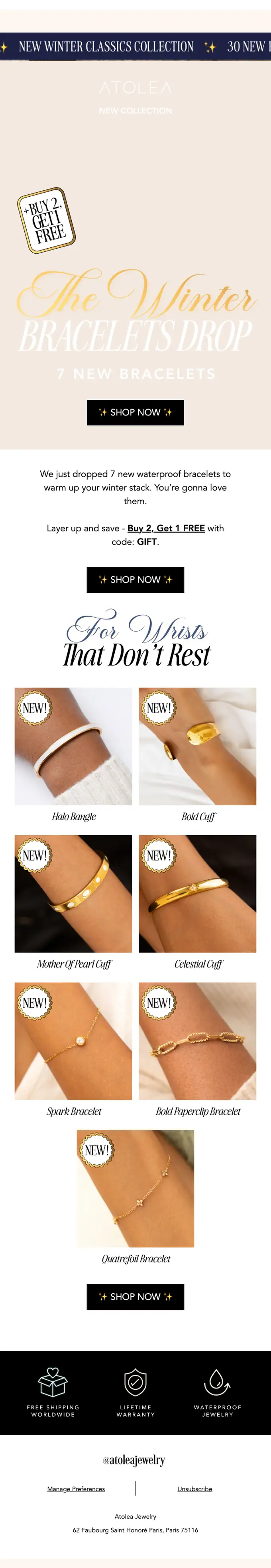 Atolea Jewelry product launch email, full length
