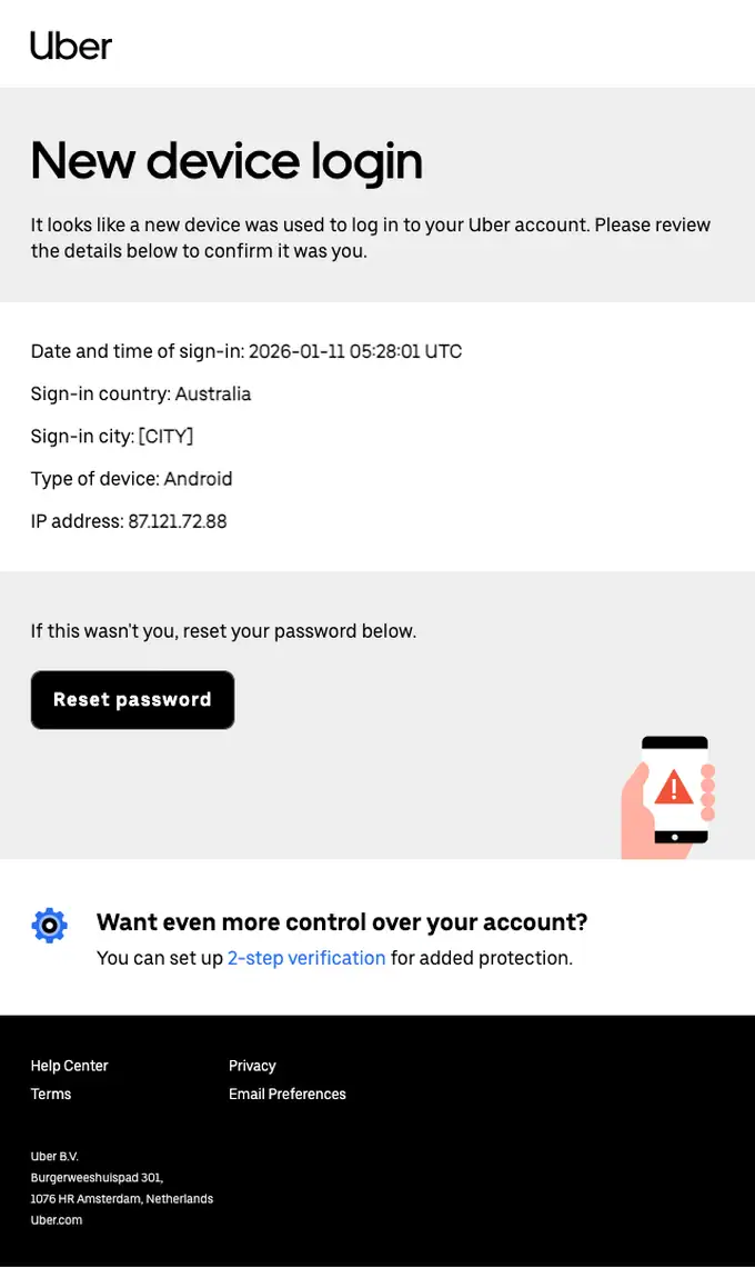 Uber security alert email, full length