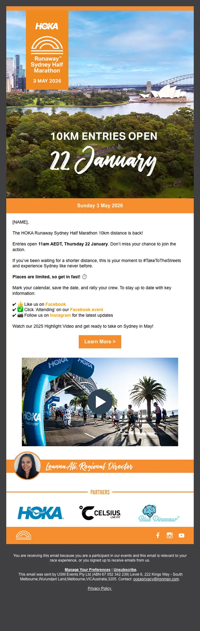 Runaway Sydney Half Marathon promotional email, full length