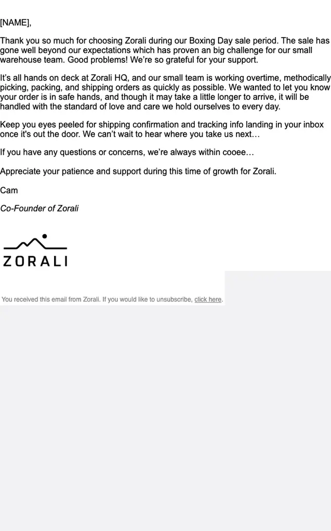 Zorali account notice email, full length