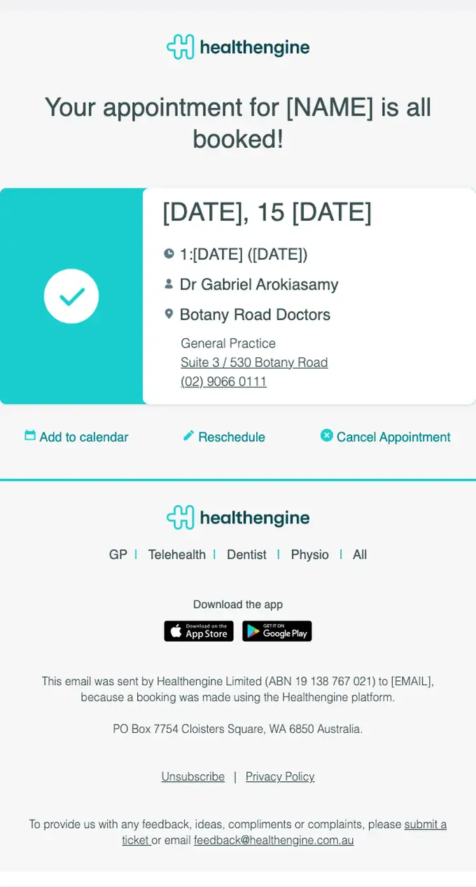 Healthengine booking confirmation email, full length