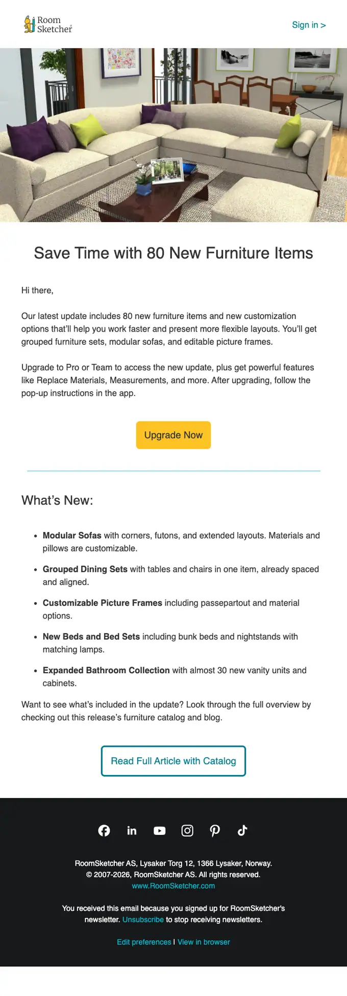 RoomSketcher product launch email, full length