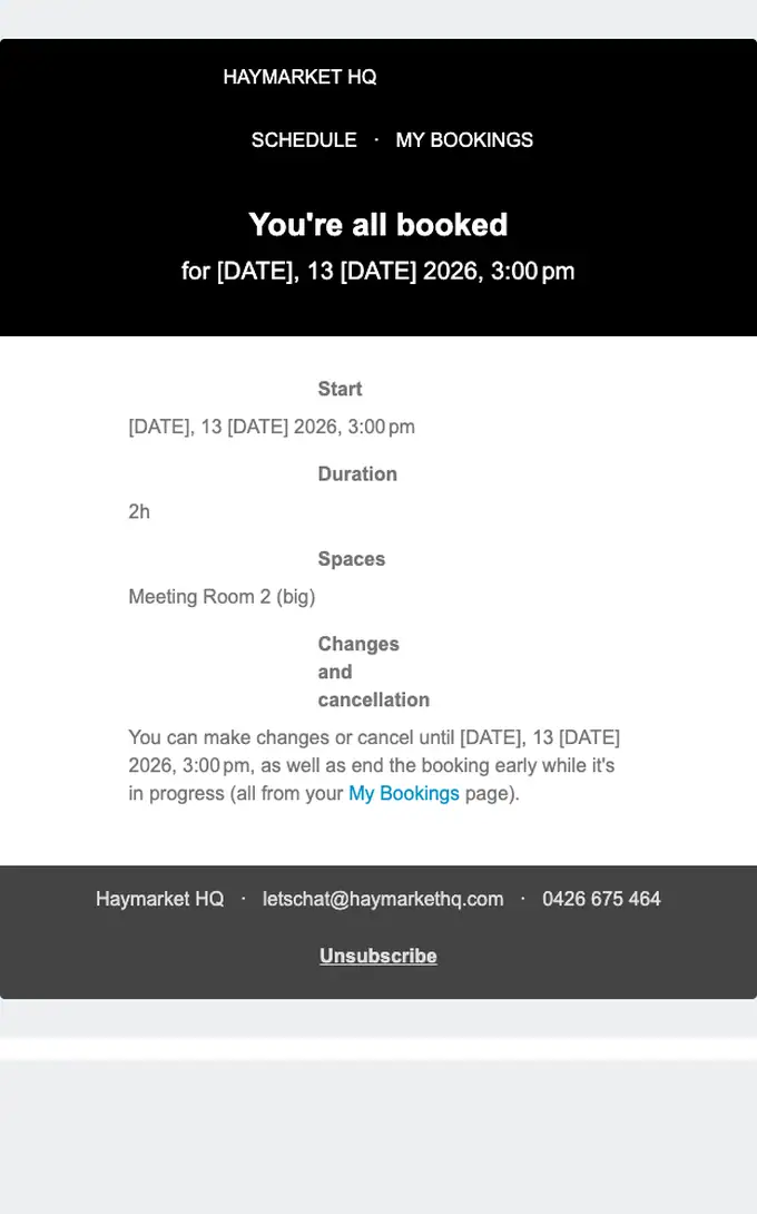 Haymarket HQ booking confirmation email, full length