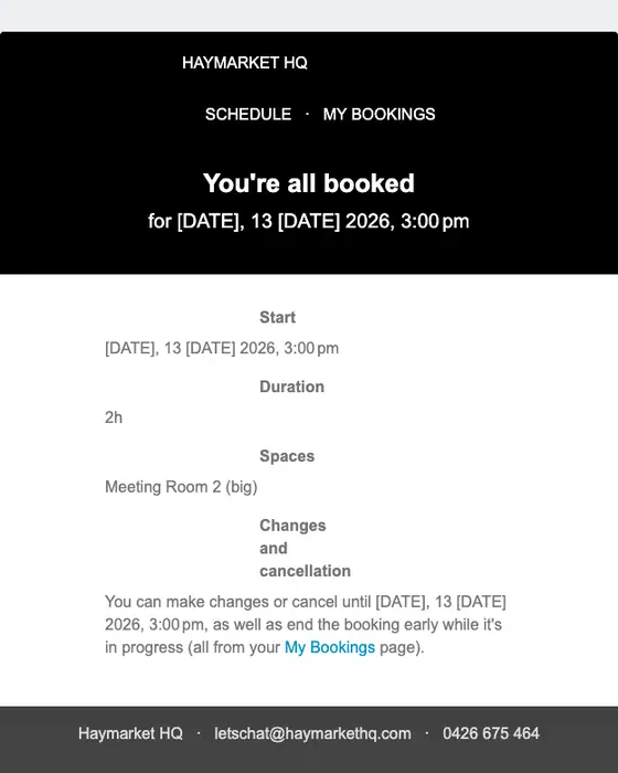 Haymarket HQ booking confirmation email