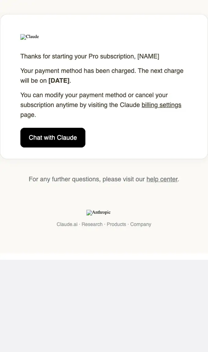 Anthropic subscription email, full length