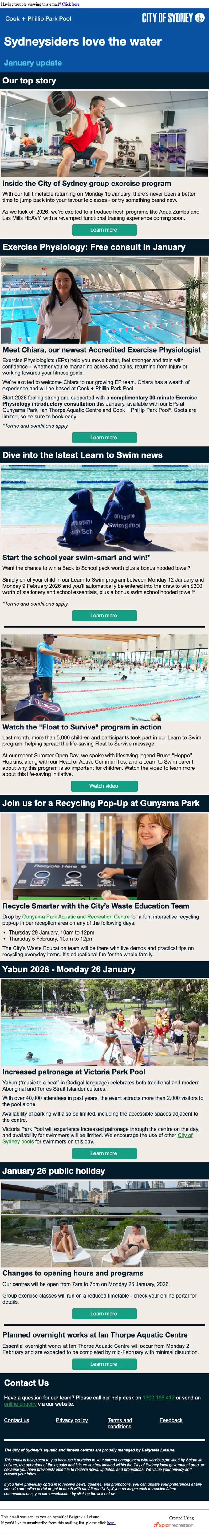 Belgravia Leisure newsletter email, full length