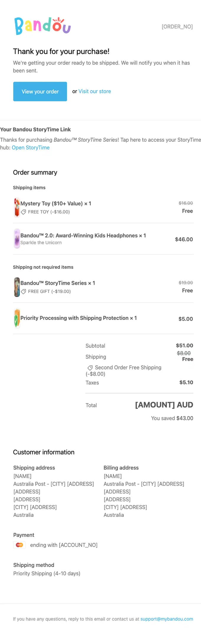 Bandou™ order confirmation email, full length
