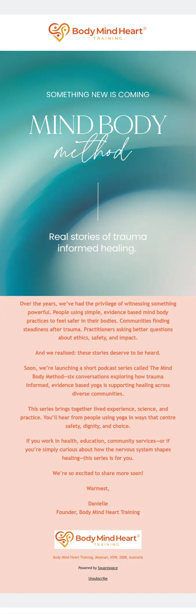 Body Mind Heart Training product launch email, full length