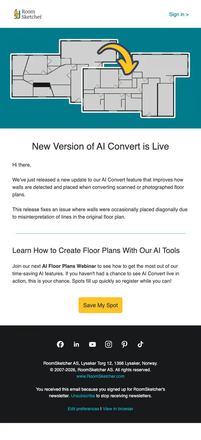 RoomSketcher product launch email, full length