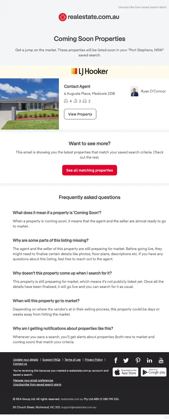 realestate.com.au job alert email, full length