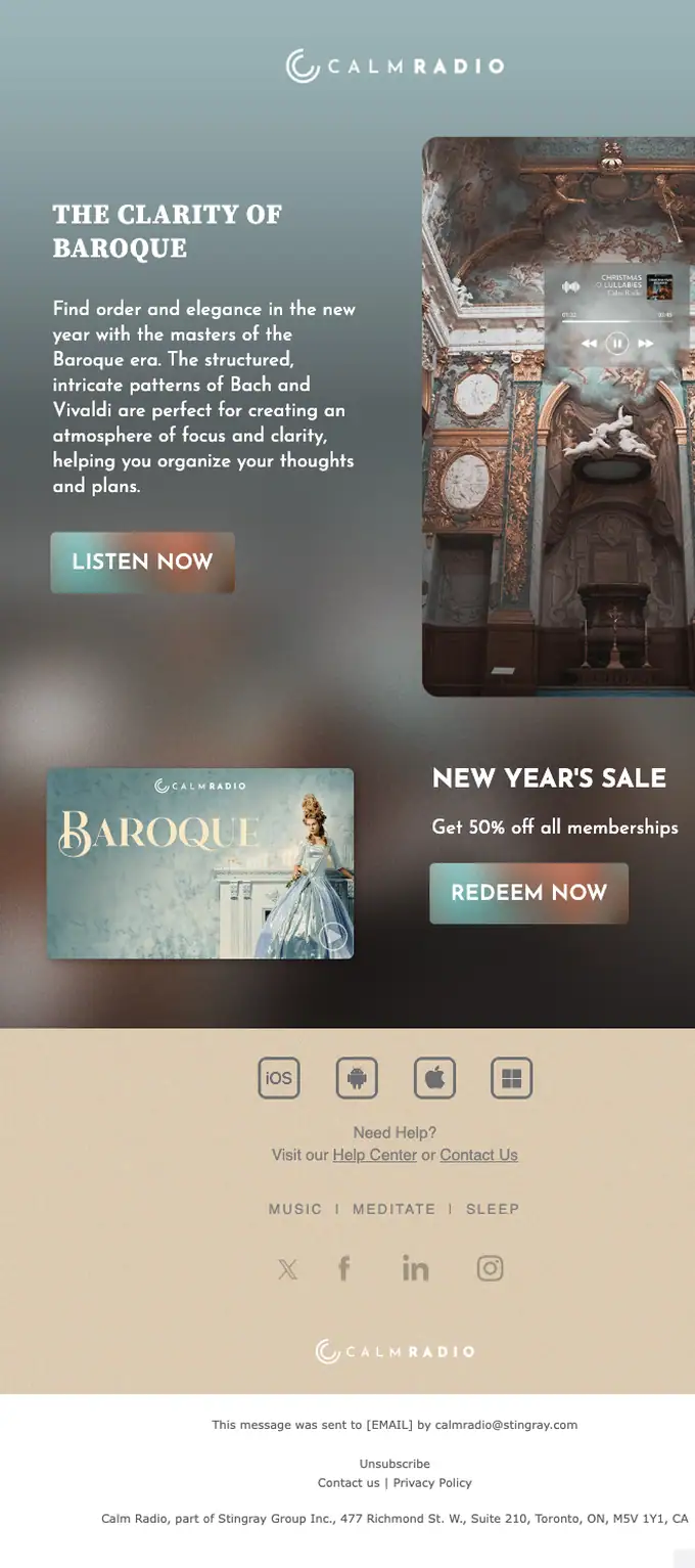 Calm Radio promotional email, full length
