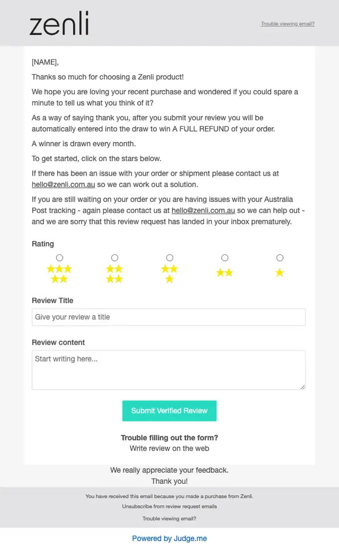 Zenli survey email, full length