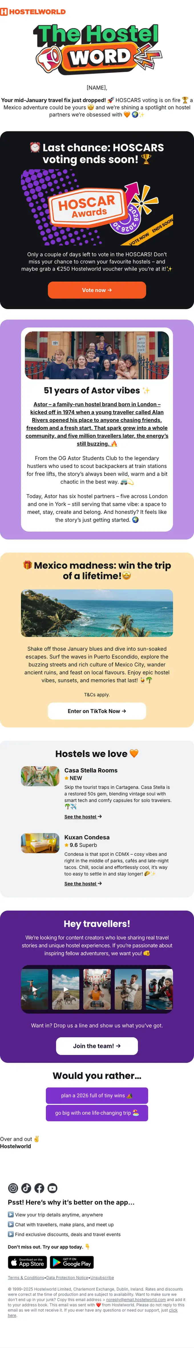 Hostelworld promotional email, full length